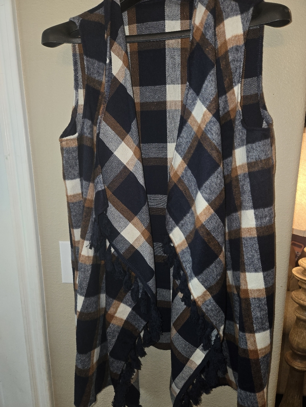 Plaid Fringe Open Front Vest - Navy, Brown & Cream